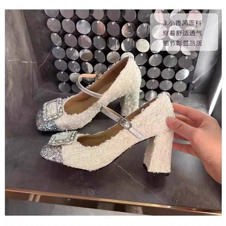 Sepatu Mary Jane Gaya Chanel untuk Wanita Hak Tinggi Mulut Dangkal Tweed Pita Pita Hak Chunky