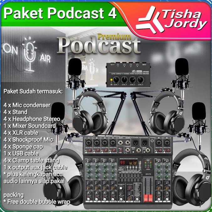 Paket podcast 4 orang Premium, mic, headphone, mixer, recording Terlaris