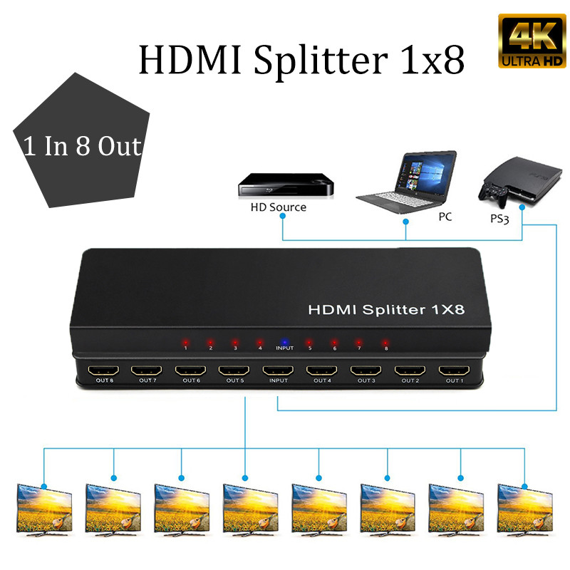 BARU HDMI Splitter 1 in 8 Out Supports Full Ultra HD 4K/2K@ 30Hz 1080p 3D Resolutions  for HDTV, DVD