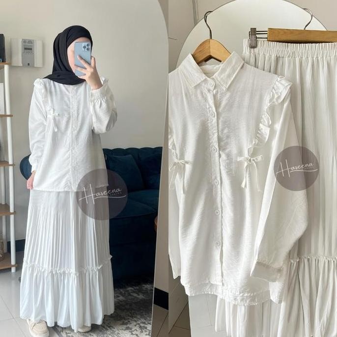 Haseena One Set Wanita Gamila Setelan Atasan Rempel Lengan Panjang Rok Plisket Maiza Rempel Polos | 