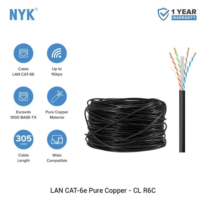 GRATIS ONGKIR KABEL LAN CAT6 FULL COPPER NYK TEMBAGA CAT6E 1 ROLL HITAM CAT 6E ZC363