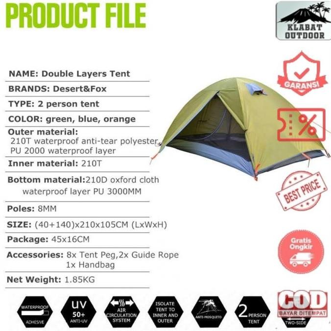 Tenda Camping Double Layer 2 Orang Kemping doble kapasitas 2 Orang Terlaris