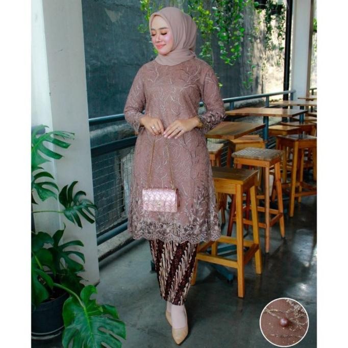 || PROMO LEBARAN / Setelan Kebaya Tunik Modern Brokat Tile Kebaya pesta ,COKLAT -XXL NON COD