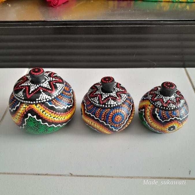 $+$+$+$+] 1 Set Wadah tempat permen mini lukis tutul motif buah kayu Bali isi 3pcs