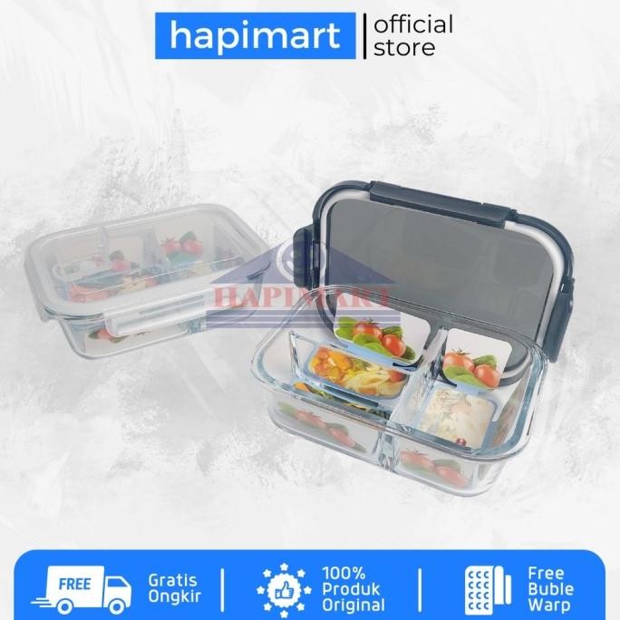 Glasslock Wadah Tempat Makanan Persegi 3 Sekat Hitam Dan Putih Satuan