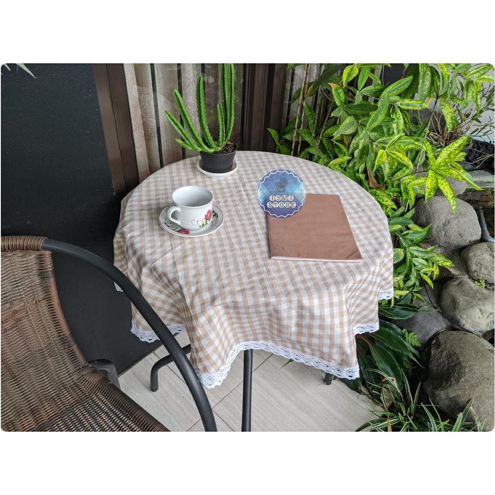 rq-56 Taplak MEJA BULAT Keliling RENDA Rajut Motif Kain Kotak-Kotak Gingham Estetik Kekinian Ala Kor