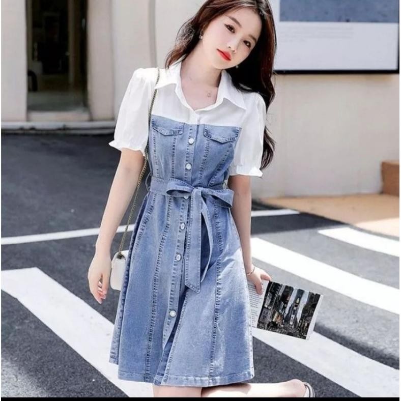 Dress Jeans Wanita Kombinasi Katun +Tali Pinggang