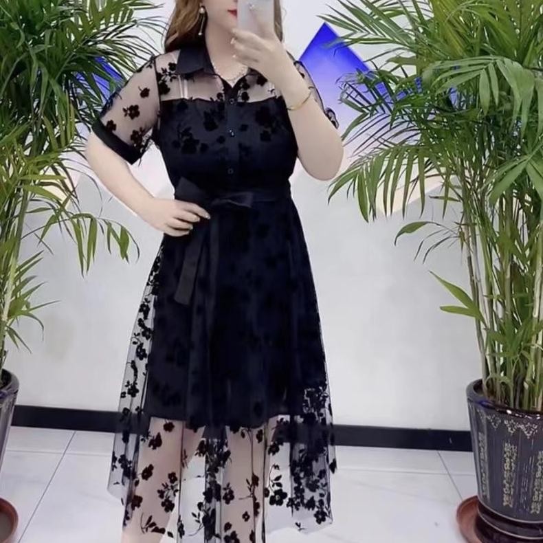 Gaun Hitam Cetak Jala Korea Baru/Long Dress Bunga/Dress Hitam Korea