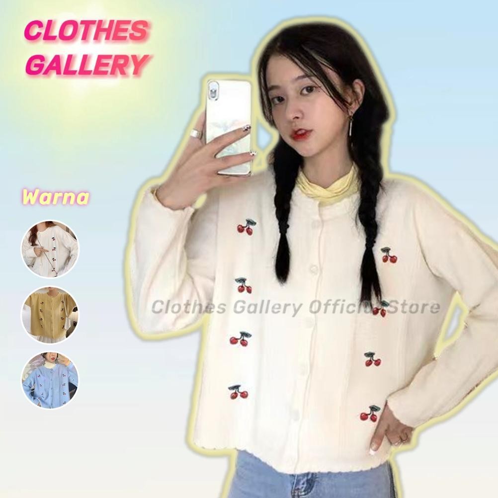 - Cherry Knit Cardigan Luaran Korea Rajut Import Busana Kasual Cherry Knit Cardigan