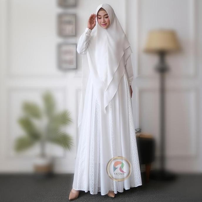 Raisma - Zubaidah Gamis Putih Syari Model Pecah12 Ceruti Jilbab Ceruti Jilbab Muslim Simple Original