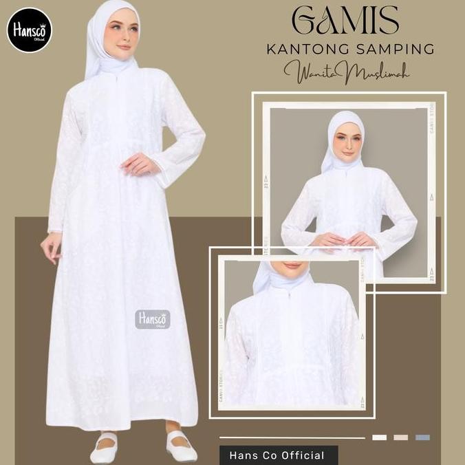 Gamis Putih Kantong Samping Full Bordir Gamis Katun Perlengkapan Umroh Haji Wanita Muslimah Berkuali