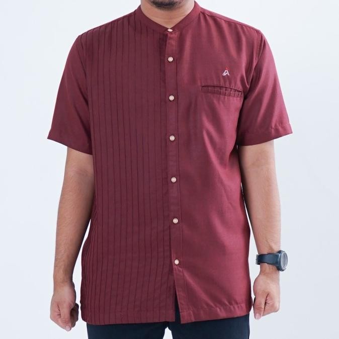 New Sale Abiyu Baju Koko Pria Kemeja Koko Pria Kemko Muslim Maroon Berkualitas