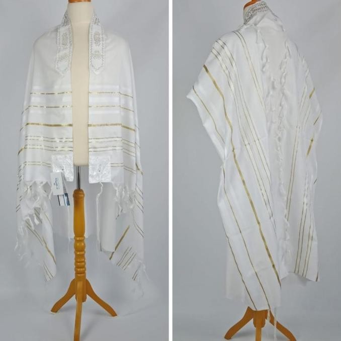 CO Selendang Doa WHITE-GOLD ACRYLIC Tallit Gadol by Israel (Kosher) M