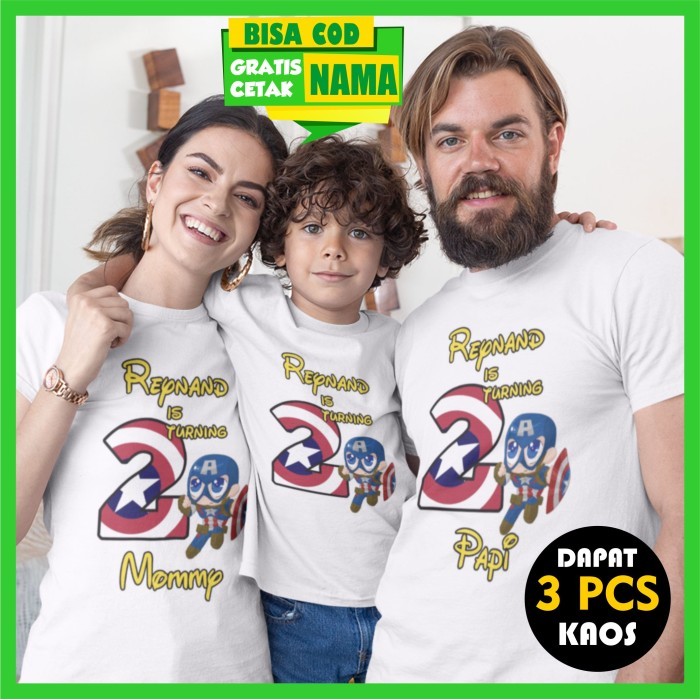 Kaos Couple Keluarga Ulang Tahun Anak Captain America Sablon Nama