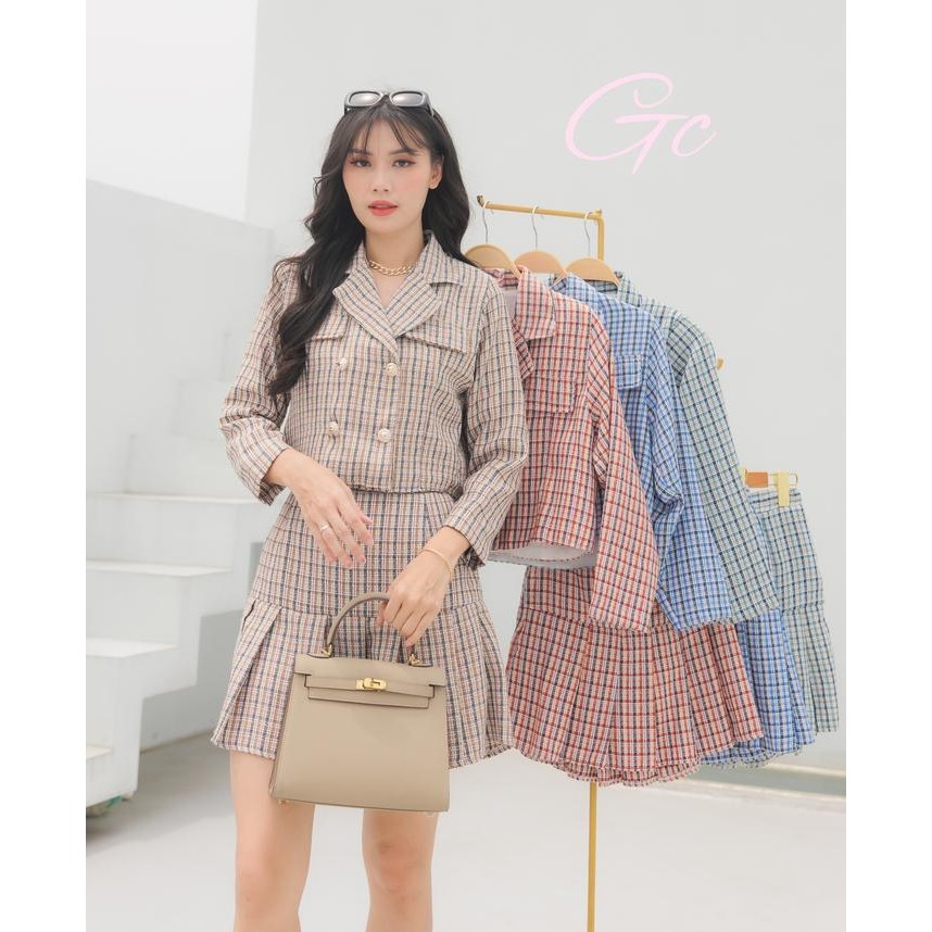 Korean Long Sleeve Tennis Tweed Set Top + Skirt Setelan Korea Atasan Lengan Panjang + Rok