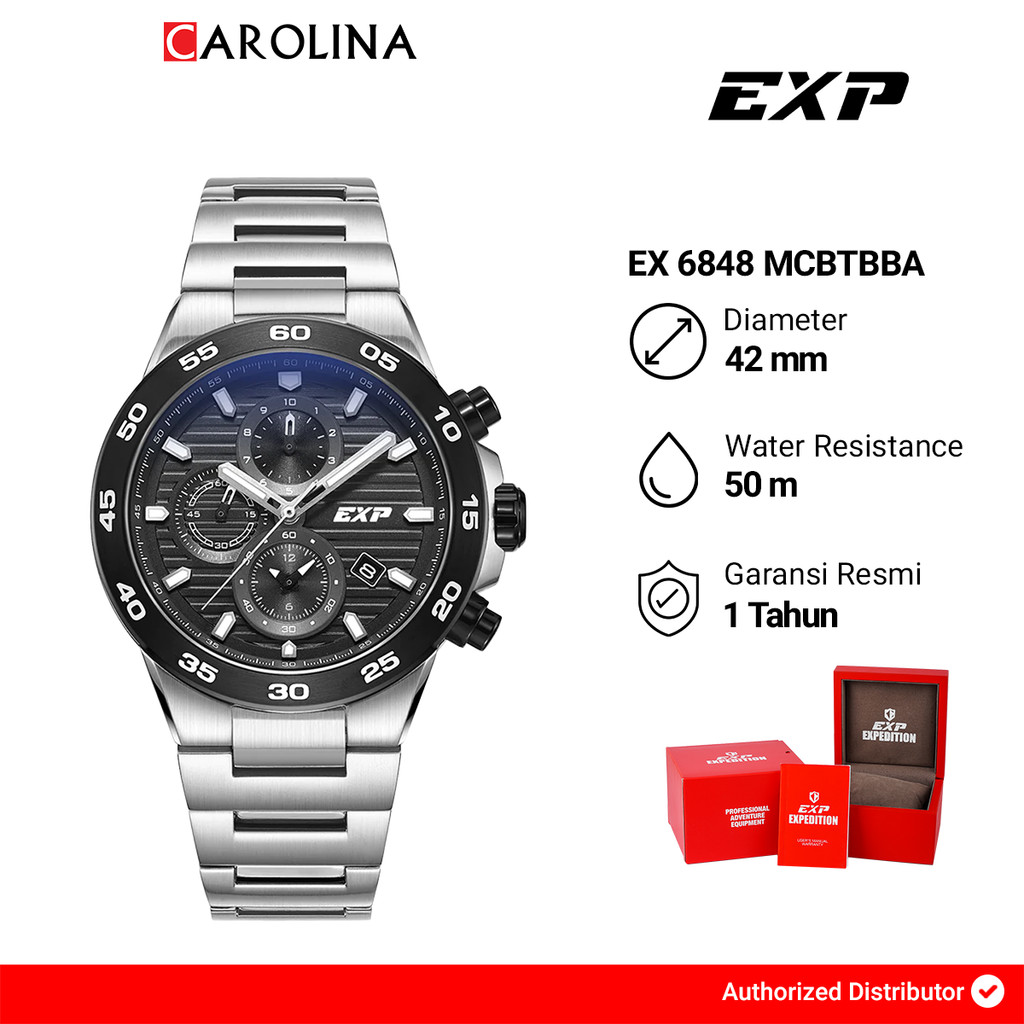 Jam Tangan Pria Expedition EXP Chronograph EX 6848 MCBTBBA Black Dial Silver Stainless Steel Strap