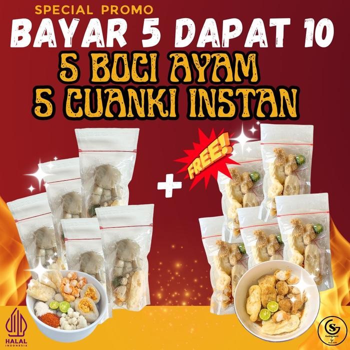 

PROMO SPECIAL Beli 5 Dapat 10 [ Baso Aci Ayam Suwir 5Pack Cuanki Instan 5Pack ] Food Kaldu Pedas
