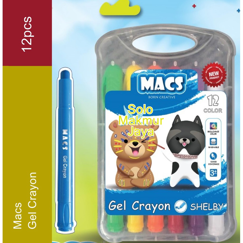 

Krayon MACS Gel Crayon 12 Color/Warna Aman Mudah dibersihkan Washable Macs Crayon Silky 12 Crayon Isi 12 Asli