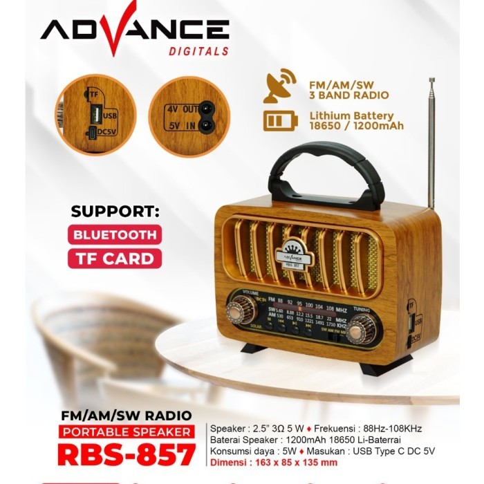 Advance RBS-857 Radio Antik Portable Speaker 2,5 Inch Radio Jadul Portable Support Bluetooth