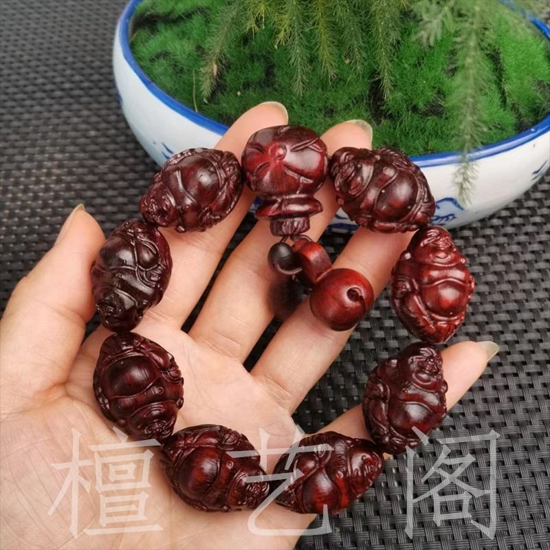 Gelang Ukiran Kayu Cendana Merah Daun Kecil Tangan Buddha Guanyin Manik-manik Pi Xiu Permainan Buday