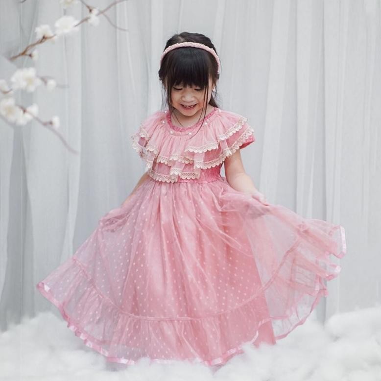 Baju Gaun Anak Perempuan Salsa Dress Renda Tingkat Kombinasi Tile Polkadot Usia 3-10 Tahun