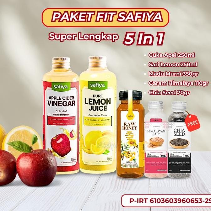 

Produk Baru!! [PAKET FIT ISI 5] CUKA APEL 250ML + SARI LEMON 250ML + MADU 350GR + GARAM HIMALAYA 110GR + CHIA 70GR
