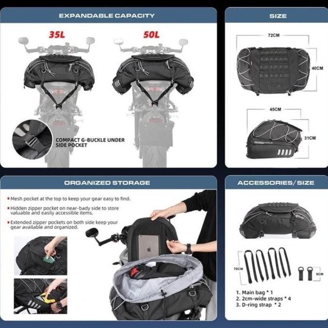 Ready Rhinowalk Mt3550 Motorcycle Pannier 35-50L Tail Bag -Tas Sepeda Motor