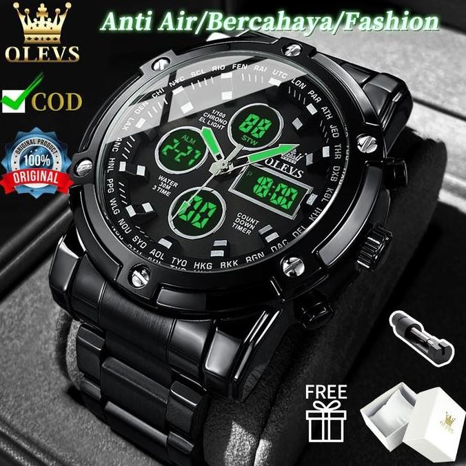 GARANSI OLEVS Jam Tangan Pria Anti Air Original Multifungsi Luminous Kalender Alarm Analog Cowok Fas