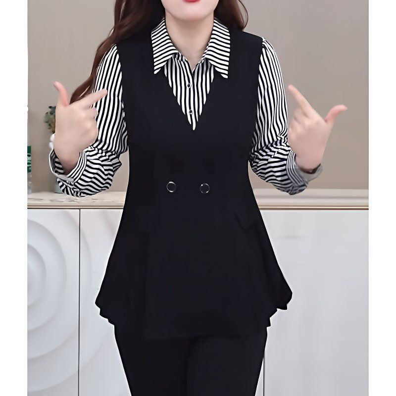 Baju Wanita Lengan Panjang, Baju Atasan Wanita Perca, Lengan Panjang, Elegan, Baju Garis-garis, Set 