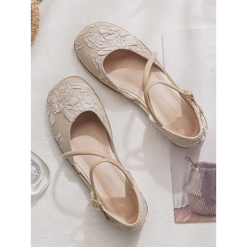 Sepatu Wanita Vintage Mary Jane Sandal Datar Tertutup Wanita Sandal Berlubang Wanita