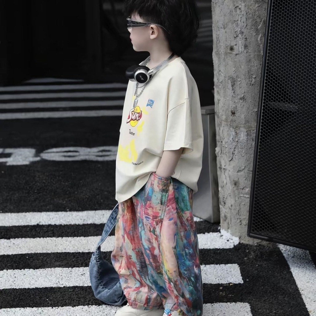 Pakaian Anak Laki-Laki Gaya Korea Cetakan Gradien Lengan Pendek Warna-warni Tie-Dye Kontras Celana P