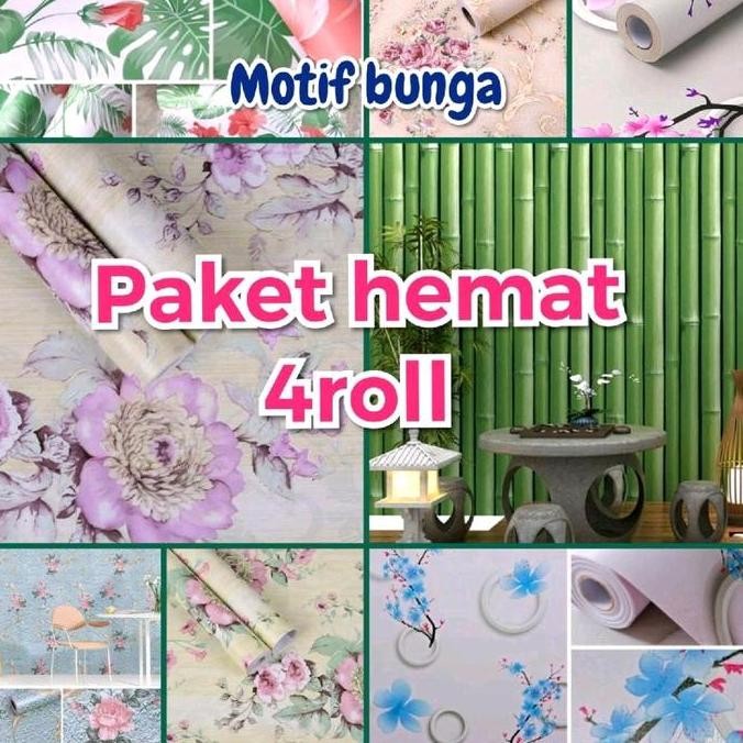 COD PAKET HEMAT 4 ROLL WALLPAPER STICKER DINDING TEMBOK KAMAR TIDUR RUANG TAMU RUKO MOTIF BUNGA SAKU
