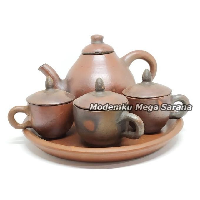 ukd- Set Teko Cangkir Teh Poci Gerabah Tanah Liat Tradisional Berkualitas