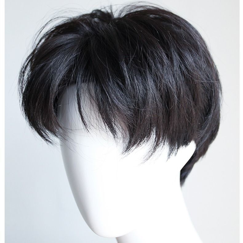 Poni Pria Bergaya Bagian Tengah Rambut Pendek Lurus Set Wig Rambut Alami Realistis untuk Pelajar EWW