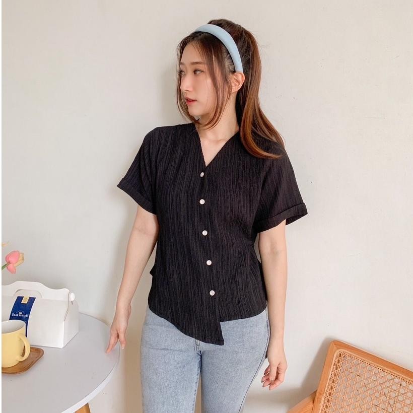 CR - [COTTONBELLS] BAJU PREMIUM HIMEKA BUTTON PLAID V TOP (CV - B 13379) TERLARIS