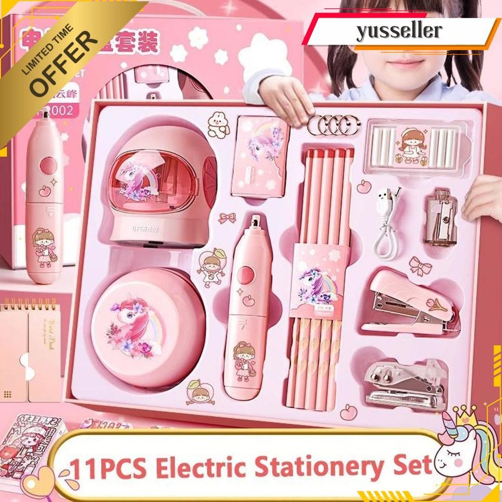 

11 In 1 Electric Stationery Set / Set Alat Tulis Elektrik Rautan Penghapus Vacuum Pensil Siap Kirim