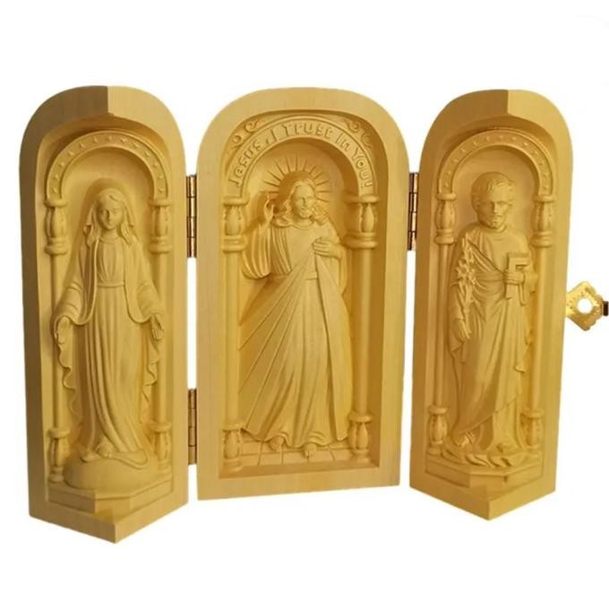 paling diminati] Pajangan Katolik Kayu Ukir 3D Lipat Halus Tuhan Yesus Bunda Maria Yosef Souvenir Hi