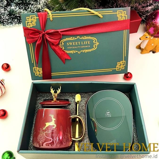 Sale Hampers Mug Gelas Natal Rusa + Electric Heater Tatakan Pemanas Air