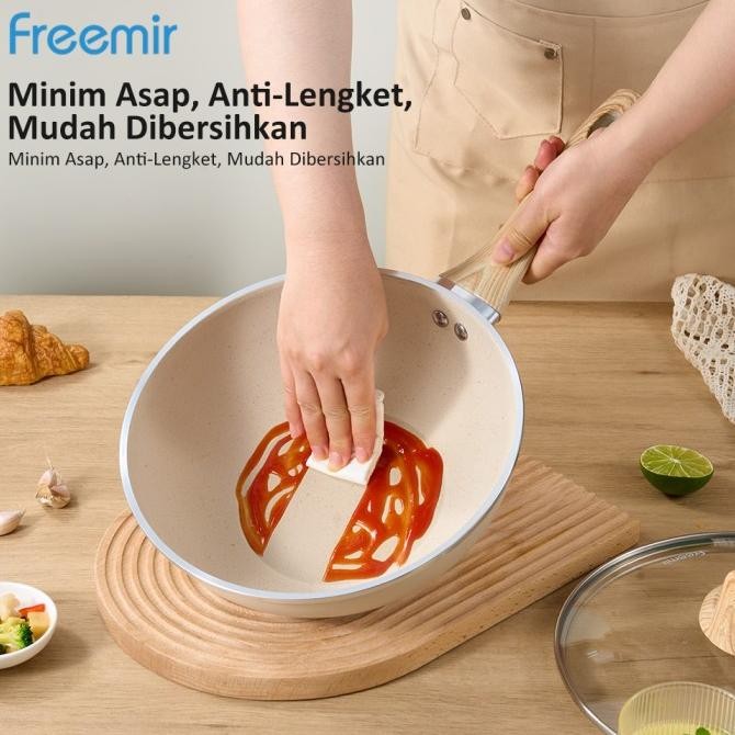 Sale [Baru] Freemir 24Cm Wajan Panci Beige Anti Lengket Satu Gagang+Tutup