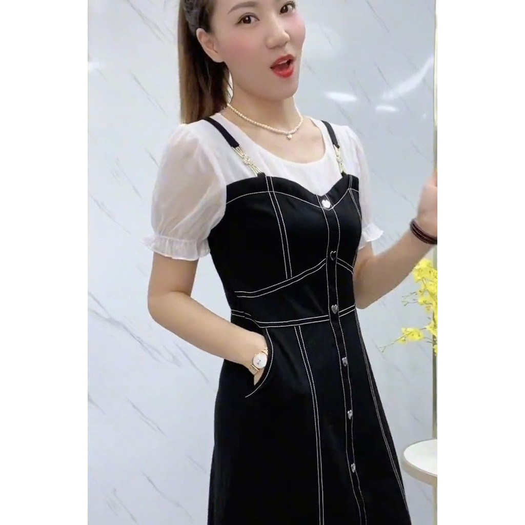 Gaun Strap Wanita Penutup Perut Gaun Palsu Dua Potong