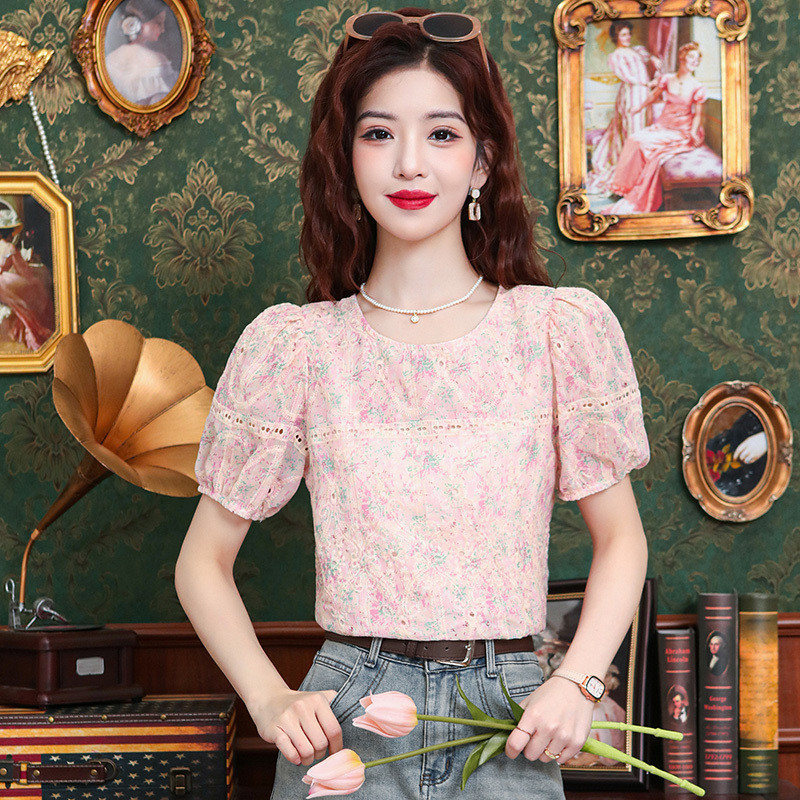 Blus Chiffon Bunga Wanita Berkualitas Tinggi    Atasan Lengan Pendek Puff Baru