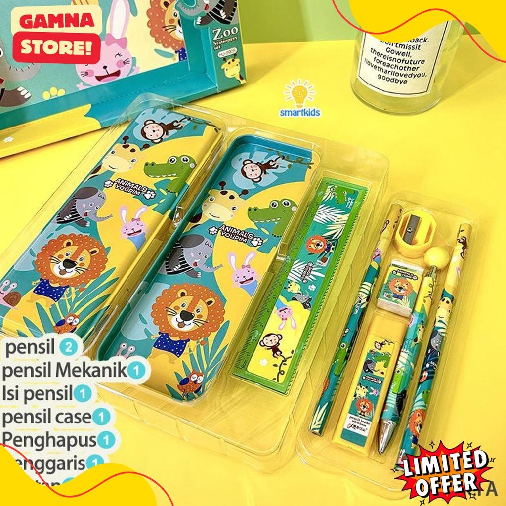 

Alat Tulis Set Paket Komplit 7 In 1 / Stationery Complete Lengkap / Kotak Pensil Anak / Souvenir Hadiah Kado / Sekolah Karakter Kartun Lucu Animal Hewan / Perlengkapan Tulis / Tempat Pensil Terlengkap Dan Termurah