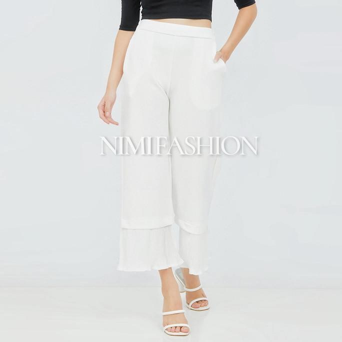 Promo Nimi Celana Kulot Highwaist Putih Wanita Bawahan Kulot Scuba Plisket