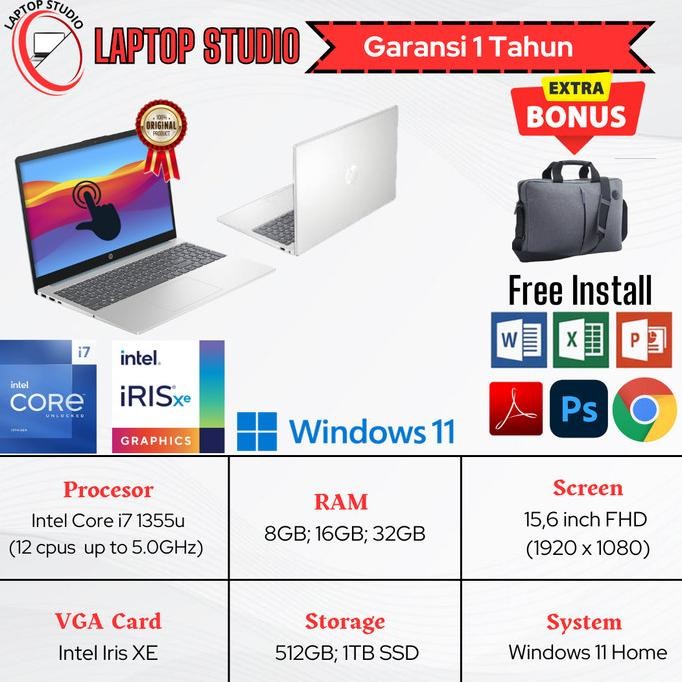 Laptop Baru HP 15 Intel Core i7 1335u(12Cpus,5,0Ghz) RAM 32GB SSD 1TB FHD Touchscreen SAMD