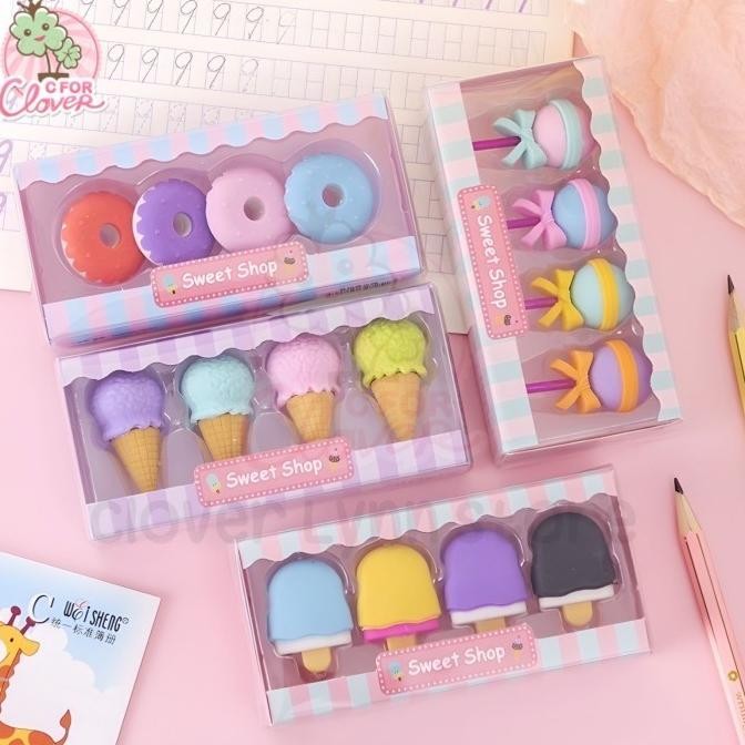 

qw-7 ERASER SET ISI 4 DESSERT SERIES penghapus lucu lollipop es krim donat Terlaris