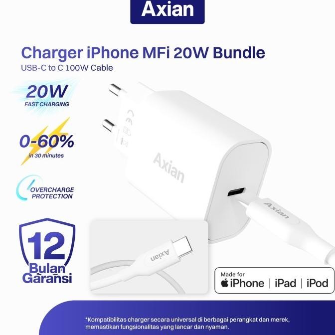 (Good) Charger iPhone MFi 20W Axian USB C to Lightning Bundle Fast Charging