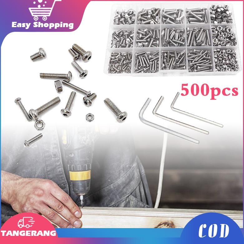 fth-56 500pcs Baut Soket Mur dan Mur Stainless Steel 304 Hex Socket Bolt and Nuts Set M3/M4/M5 Termu
