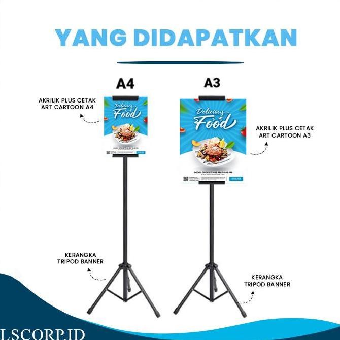 Tripod Standing Banner Plus Cetak Akrilik Thicker Poster Art Carton A3 & A4 Acrylic Lipat 2 Mm Co