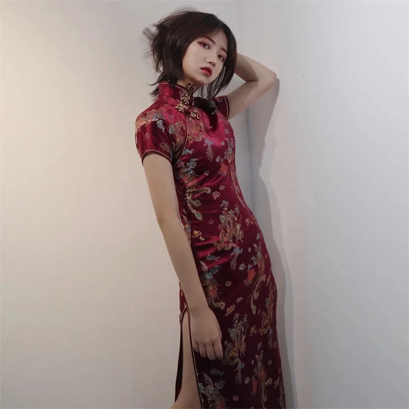 Gaun Cheongsam Wanita Plus Size 4XL 5XL 6XL Dress Qipao Vintage Naga dan Phoenix Panjang
