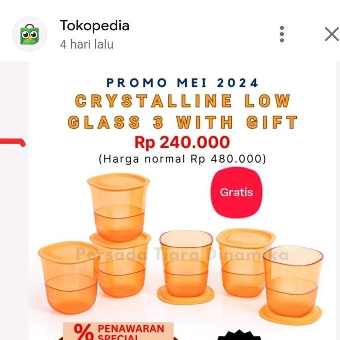 Sale Tupperware Crystaline Low Glass 230Ml 4Pc Gelas Kristal Dilengkapi Dengan Tutup Minuman
